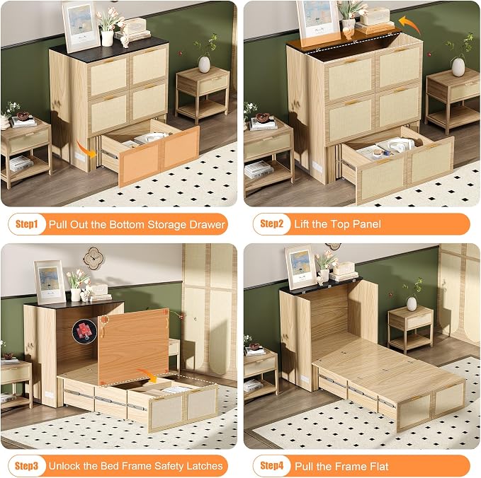 VINGLI Twin Size Rattan Murphy Bed with Storage Drawer,Charging Station, Boho,Hideaway Paltform Panel Bed for Small Spaces,Guest Room,Office,Apartment, Space-Saving Cabinet Bed,Oak White