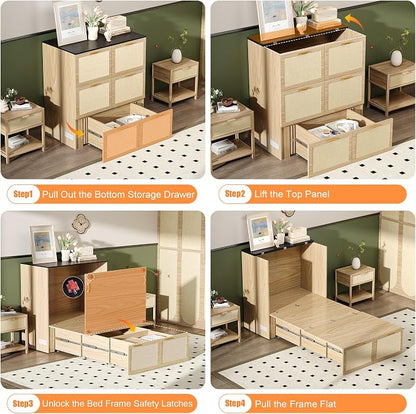VINGLI Twin Size Rattan Murphy Bed with Storage Drawer,Charging Station, Boho,Hideaway Paltform Panel Bed for Small Spaces,Guest Room,Office,Apartment, Space-Saving Cabinet Bed,Oak White