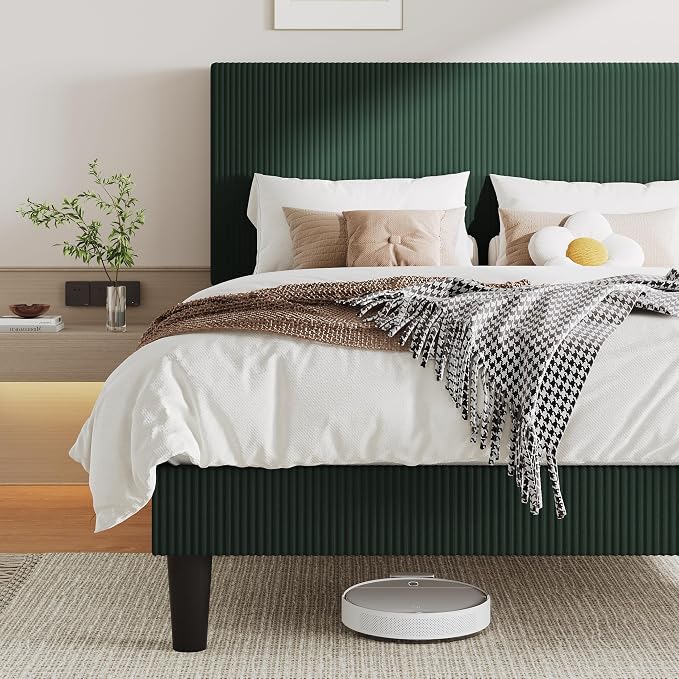 Allewie Full Size Upholstered Bed Frame with Vertical Channel Tufted Headboard, Soft Corduroy Fabric Platform Bed, Strong Wooden Slats Support, Easy Assembly, No Box Spring Needed, Dark Green