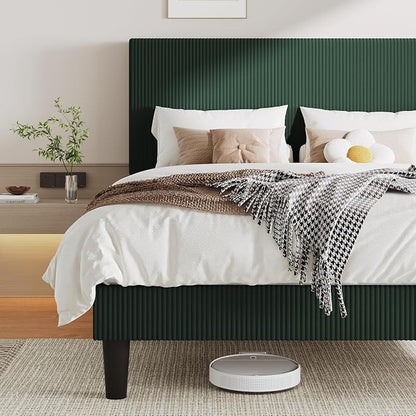 Allewie Full Size Upholstered Bed Frame with Vertical Channel Tufted Headboard, Soft Corduroy Fabric Platform Bed, Strong Wooden Slats Support, Easy Assembly, No Box Spring Needed, Dark Green