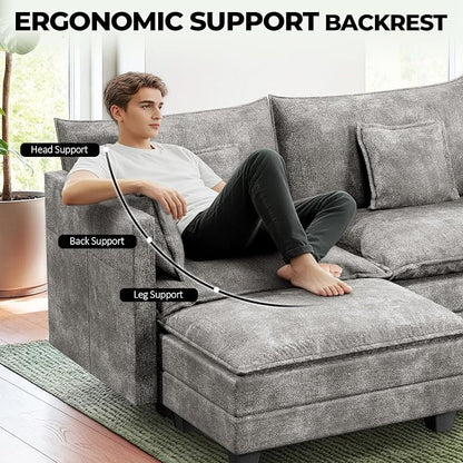 LEVELEVE 112.5" L-Shape Modular Sofa with 1 Ottomans, Deep Seat Cloud Convertible Sleeper, 3 Throw 2 Arm Pillows, Cozy Upholstered Furniture for Living Room Apartment, Dark Grey