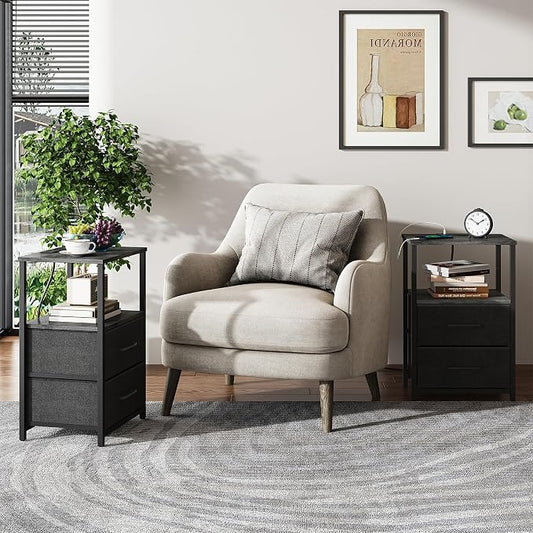 TUTOTAK End Table with Charging Station, Side Table with 2 USB Ports and Outlets, Nightstand with Cloth Drawer, Set of 2, Couch Table, Charcoal Grey TB01BY052