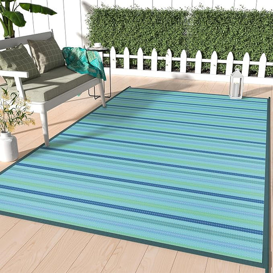 GENIMO Outdoor Rug for Patio Clearance, 6'x9' Reversible Plastic Straw Rugs, Lightweight Waterproof RV Camping Mat for Camper, Balcony, Deck, Backyard, Picnic, LightBlue