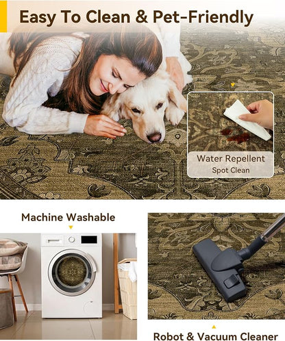 RELEANY Area Rugs Round 10ft Washable Non-Slip, Floral Vintage Distress Medallion Carpet for Living Room Bedroom Dining Room, Brown Dark Brown