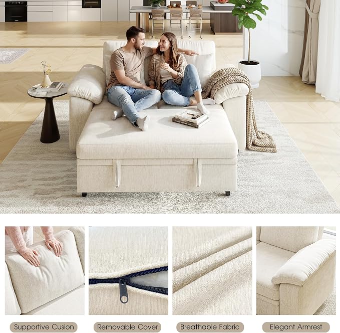 WorthFurni 61” Pull Out Couch, 2 in 1 Sleeper Sofa Bed with Throw Pillow, Convertible Small Loveseat Sleeper Couch for Living Room, Bedroom, Apartment (Beige)