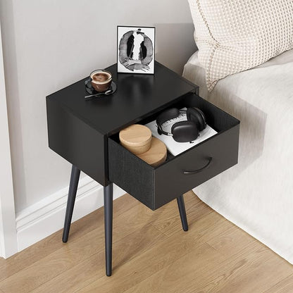 Small Black Nightstands Set of 2, Bedside Table with Fabric Drawer, Modern End Table with Metal Leg, Couch Side Table for Bedroom Living Room, Sofa, Office LNT504B