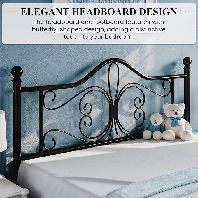 SHA CERLIN Queen Size Bed Frame and Headboard,Metal Bed Frame with Butterfly Pattern Design Headboard & Footboard,No Box Spring Needed,Easy Assembly,Black