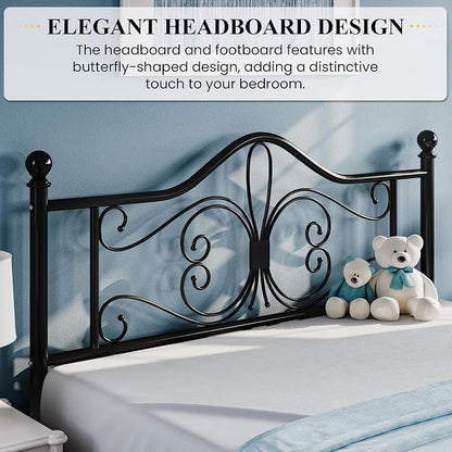 SHA CERLIN Queen Size Bed Frame and Headboard,Metal Bed Frame with Butterfly Pattern Design Headboard & Footboard,No Box Spring Needed,Easy Assembly,Black