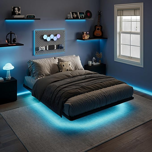 SHA CERLIN Queen Size Floating Bed Frame with Smart LED Lights, Black | Modern Design Metal Platform Bed with Power Strip, No Box Spring Needed, Noise-Free, Easy Assembly