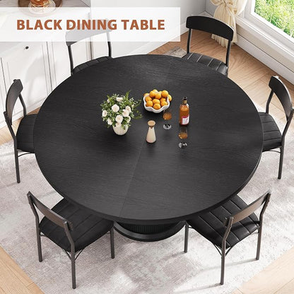 Jocoevol 47″–63″ Extendable Round Dining Table for 4–8 with Dust-Proof 2-Tier Storage Shelf Space Saving Expandable Wood Oval Circle Dinner Furniture with Pedestal Base (Black)