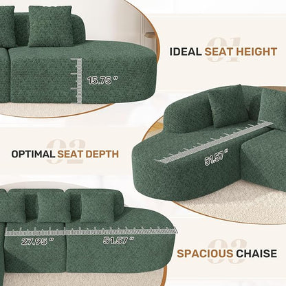 114 Inch Boneless Couches for Living Room,Modern Modular Sectional Sofa with Chaise,L-Shape Cloud Sectional Couch,No Assembly Required,Green