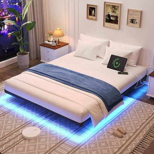 Awesofurni Floating Bed Frame King Size with Smart LED Lights and Charging Station, Heavy Duty Modern Metal Platform Bed No Box Spring Needed - Easy Assembly and Noise Free