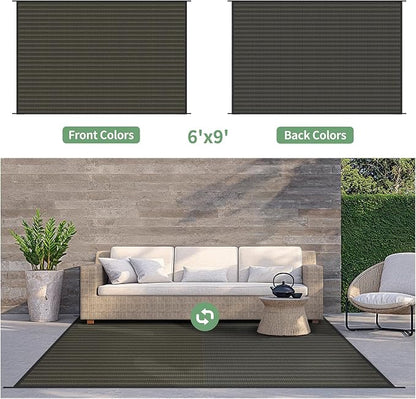 GENIMO Outdoor Rug for Patio Clearance, 6'x9' Reversible Plastic Straw Rugs, Lightweight Waterproof RV Camping Mat for Camper, Balcony, Deck, Backyard, Picnic, Black & Brown