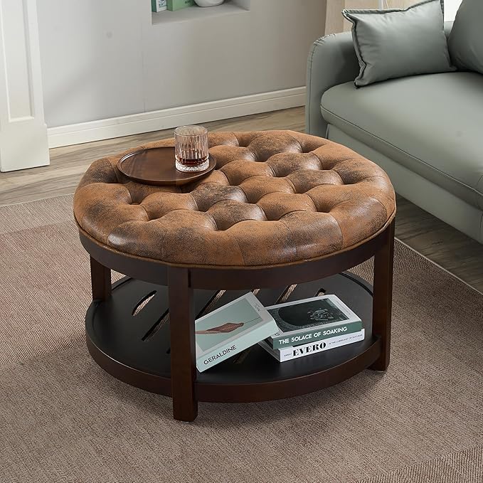 adochr Round Coffee Tables for Living Room,33’’ Storage Ottoman with Wooden Tray, Upholstered Ottoman Footrest, Light Brown