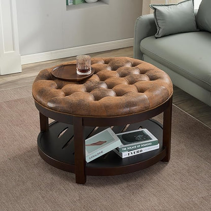 adochr Round Coffee Tables for Living Room,33’’ Storage Ottoman with Wooden Tray, Upholstered Ottoman Footrest, Light Brown
