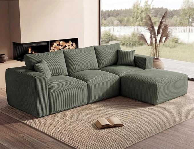Living&Giving 115" Modular Cloud Boneless Couch, L-Shaped Sectional Sofa with Ottoman, Premium Corduroy Floor Couch, High-Density Foam & Firm Back Support for Living Room, Green | Boneless Couch