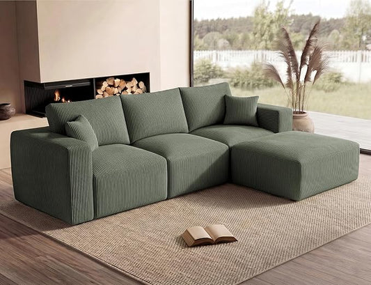 Living&Giving 115" Modular Cloud Boneless Couch, L-Shaped Sectional Sofa with Ottoman, Premium Corduroy Floor Couch, High-Density Foam & Firm Back Support for Living Room, Green | Boneless Couch