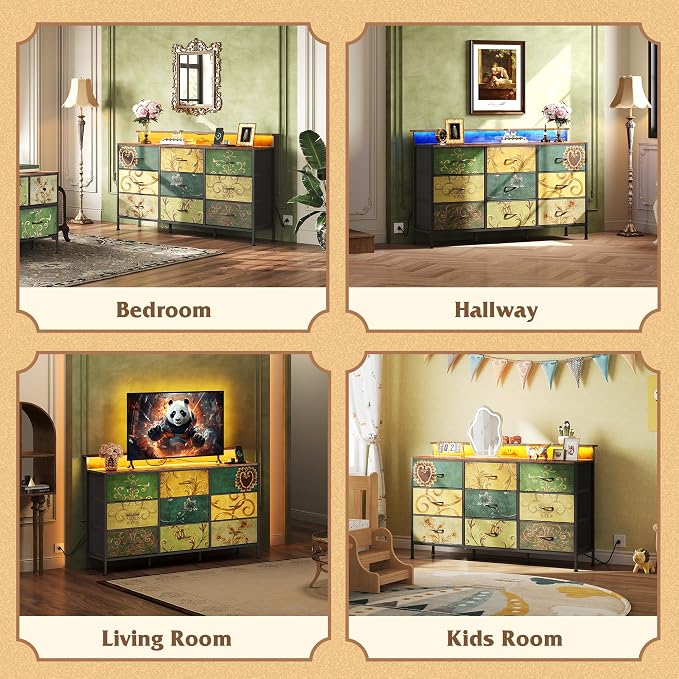 WLIVE Dresser TV Stand for 45, 50, 55 inch TV, Entertainment Center with LED Lights & Charging Station, Chest of Drawers with 9 Fabric Drawers and Open Shelves for Living Room, Hallway, Floral Painted