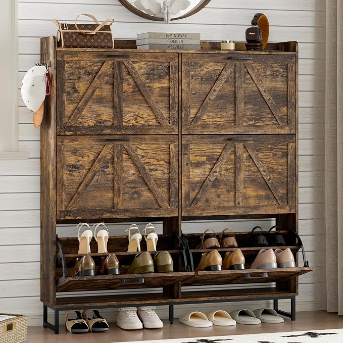BORNOON Shoe Cabinet with 6 Flip Drawers Narrow Shoe Storage Cabinet Organizer Wooden Freestanding Shoe Rack Hidden Slim Shoes Storage Cabinet for Entryway, Hallway, Living Room, Bedroom
