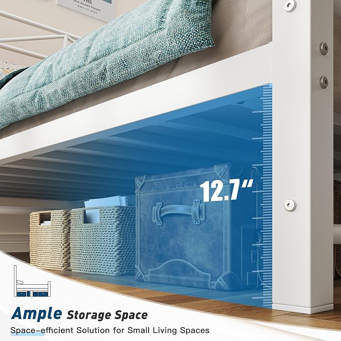 EnHomee 14.2" Metal Full Size Bed Frame with Tall Headboard & Footboard, LED Light Full Bed Frame, Strong Slats Support and Noise-Free Design with Under Bed Storage/No Box Spring Needed/White