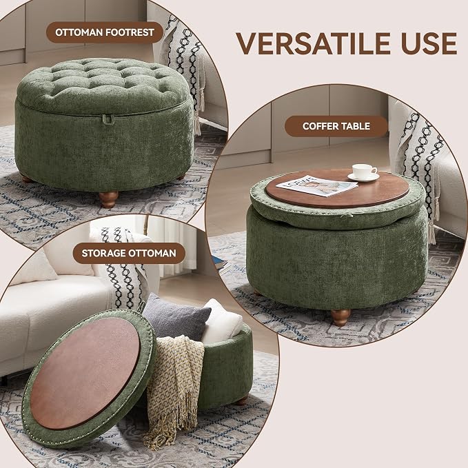 WUTUTUEE 30Inch Round Storage Ottoman with Tray, Modern Tufted Circle Coffee Table with Storage, Upholstered Ottoman with Removable Top for Living Room, Bedroom, Chenille Green
