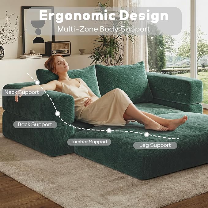 75'' Folding Convertible Sofa Bed with Large Pillow, 4-in-1 Foldable Pull Out Futon Sofa Bed, Chenille Boneless Mattress Couch, No Assembly Floor Sleeper Sofa Bed for Living Room/Bedroom, Dark Green