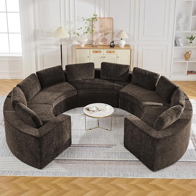 WUTUTUEE 145'' Curved Round Boneless Couch, Oversized U Shaped Sofa with Deep Seat & Arms, Chenille Modular Sectional Sofa with Pillows, Upholstered Comfy 10 Seat Couch for Living Room, Brown