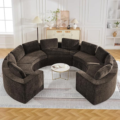 WUTUTUEE 145'' Curved Round Boneless Couch, Oversized U Shaped Sofa with Deep Seat & Arms, Chenille Modular Sectional Sofa with Pillows, Upholstered Comfy 10 Seat Couch for Living Room, Brown