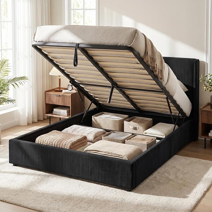 Garvee Full Lift Up Storage Bed Frame, Corduroy Upholstered Platform Bed with Gas Lift, Padded Headboard, Wooden Slat Support, No Box Spring Needed, Easy Assembly, Black