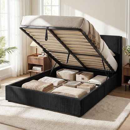 Garvee Full Lift Up Storage Bed Frame, Corduroy Upholstered Platform Bed with Gas Lift, Padded Headboard, Wooden Slat Support, No Box Spring Needed, Easy Assembly, Black