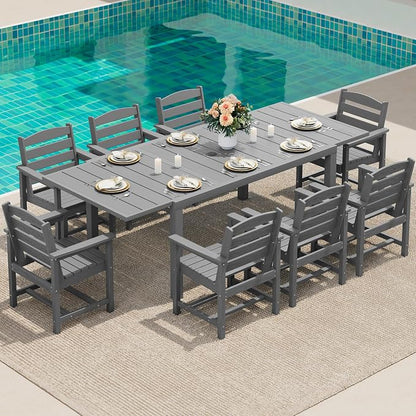 SERWALL HDPE and Aluminum Outdoor Dining Set for 8, Grey | 60" - 83" Expandable Outdoor Dining Table and 8 HDPE Chairs, All Weather Outdoor Furniture Set