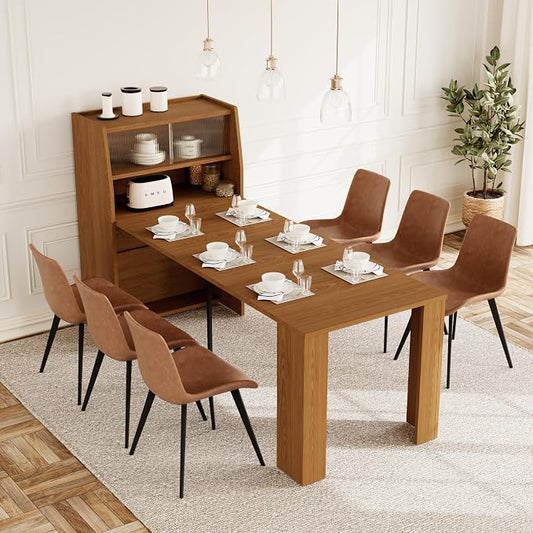 HIPIHOM 86.6" Extendable Kitchen Table Set for 6, Storage Cabinet | Space-saving Extendable MDF Dining Set with 6 Brown Chairs, Family Meal, Apartment, Small Room