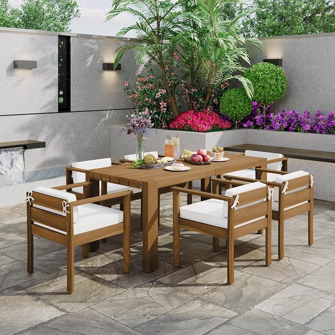 7-Piece Patio Dining Table Set for 6, Outdoor Furniture Sets with 72.8" Rectangle Table, Patio Table and Chairs Set with Removable Cushions for Backyard, Garden, Poolside