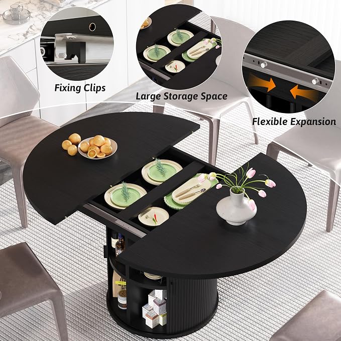 Vipbear Extendable Dining Table 43-59" for 4-6 People, Solid Wood Top with Fluted Slide Door & 8-Compartment Storage, Space Saving Round Dining Room Kitchen Dinner Tables with Pedestal Base (Black)
