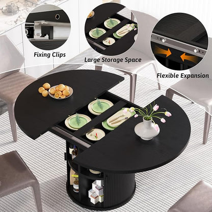 Vipbear Extendable Dining Table 43-59" for 4-6 People, Solid Wood Top with Fluted Slide Door & 8-Compartment Storage, Space Saving Round Dining Room Kitchen Dinner Tables with Pedestal Base (Black)