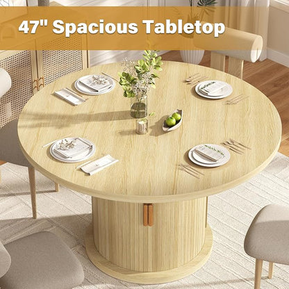 47.24" Round Dining Table for 4, Farmhouse Fluted Kitchen Tables Dining Room Circle Dinner Table, Modern Wood Kitchen & Dining Room Tables