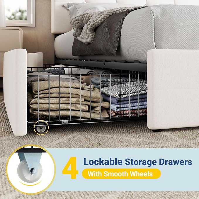 Allewie Upholstered Queen Size Platform Bed Frame with 4 Storage Drawers and Adjustable Headboard, Square Button Tufted, Wooden Slats Support, Noise-Free, No Box Spring Needed, Easy Assembly, White