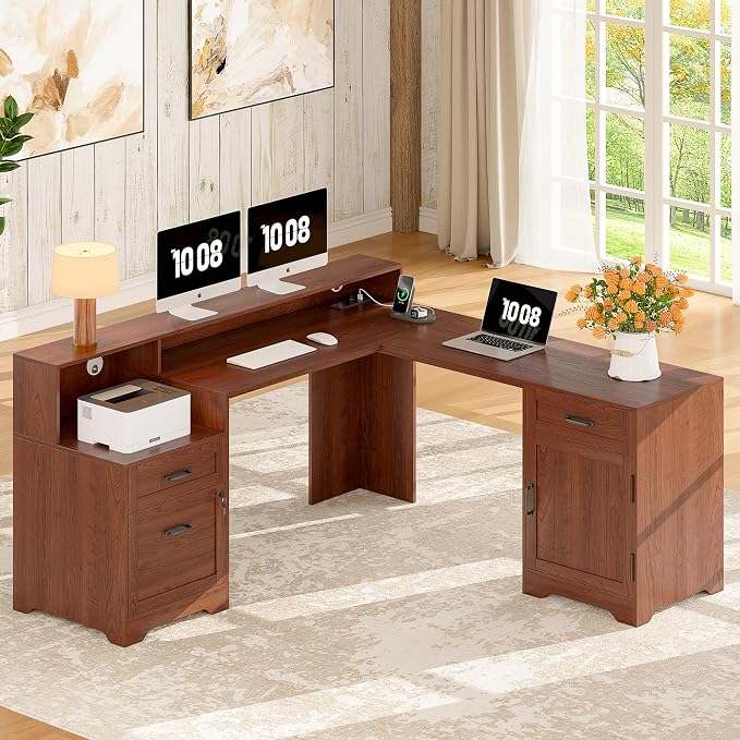 Whalefall 63'' Farmhouse L Shaped Desk with Monitor Stand Shelves, Brown | Corner Computer Desk with Drawers, Executive Home Office L Desk with File Cabinet Storage and Charging Station