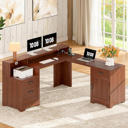 Whalefall 63'' Farmhouse L Shaped Desk with Monitor Stand Shelves, Brown | Corner Computer Desk with Drawers, Executive Home Office L Desk with File Cabinet Storage and Charging Station