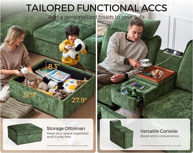 124.8'' Oversized Power Recliner Sofa with Headrest, Extra Wide Deep Modular Cloud Sectional Reclining Couch Wall Hugger, Convertible 3-Seater for RV Home Theater Living Room, Chenille, Green