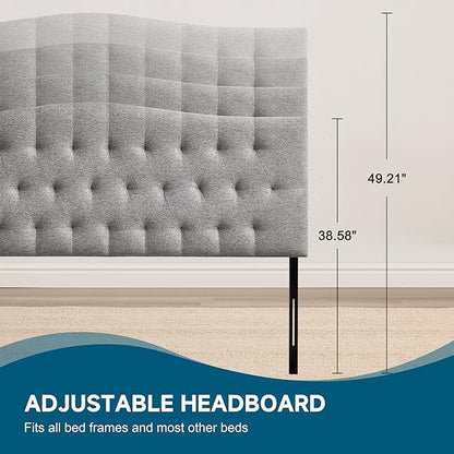 Tufted Upholstered Dorm Headboard Queen, Adjustable 38-50 in, Gray | Queen Size Upholstered Headboard for Dorm Rooms; Linen Fabric, Adjustable Height, Modern Diamond Design