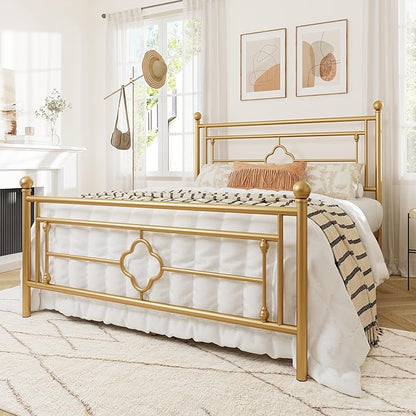 Allewie Queen Size Metal Platform Bed Frame with Victorian Vintage Headboard and Footboard/Mattress Foundation/Under Bed Storage/No Box Spring Needed/Noise-Free/Easy Assembly, Gold
