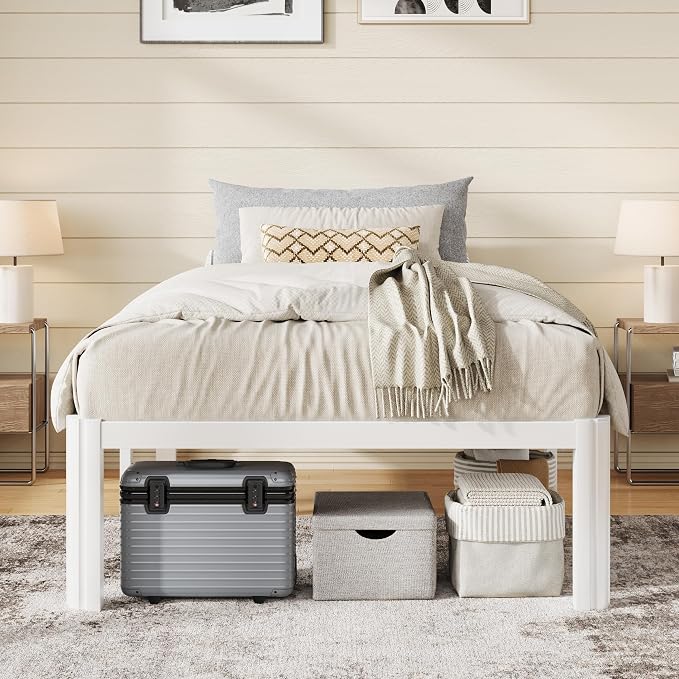Allewie Metal Twin Bed Frame, 14 Inch 3500LBS Heavy Duty Platform Bed with Rounded Corner & Under Bed Storage, No Box Spring Needed, Noise Free, Easy Assembly, White