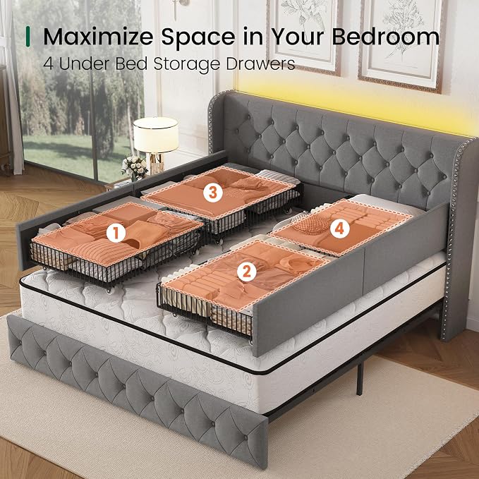 LARMACE King Size Bed Frame with LED Lights and 4 Storage Drawers Linen Upholstered Platform Bed Frame with 47.2" Tall Tufted Headboard Wingback, No Box Spring Needed, Easy to Assemble, Grey