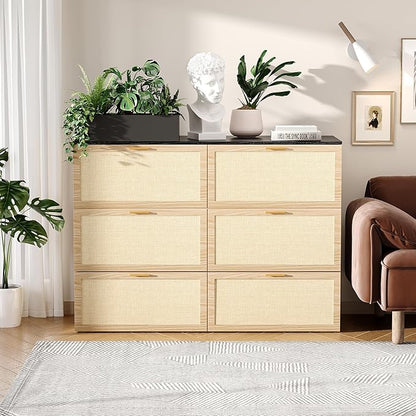 VINGLI Queen Size Rattan Murphy Bed with Storage Drawer,2 Charging Station, Boho,Hideaway Paltform Panel Bed for Small Spaces,Guest Room,Office,Apartment, Space-Saving Cabinet Bed,Oak White