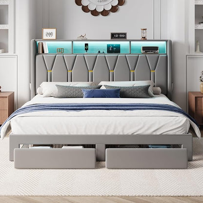 SHA CERLIN Velvet King Platform Bed Frame with 2 Storage Drawers, LED Storage Headboard with Charging Station, Wingback Upholstered, Noise Free, No Box Spring Needed, Easy Assembly, Grey