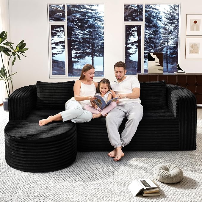 Hobestluk Modular Sectional Sofa Couches L-Shape Couch 3 Seat Modular Sofa Memory Foam Sectional Couches for Living Room, Cloud Couch (Round Black, 96", Left Hand Facing)