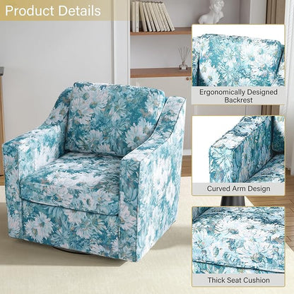 Swivel Accent Chairs Set of 2, 360° Swivel Upholstered Club Armchairs for Living Room, Comfy Fabric Single Sofa Reading Chair with Deep Seat, Metal Swivel Base, Cyan Blooms