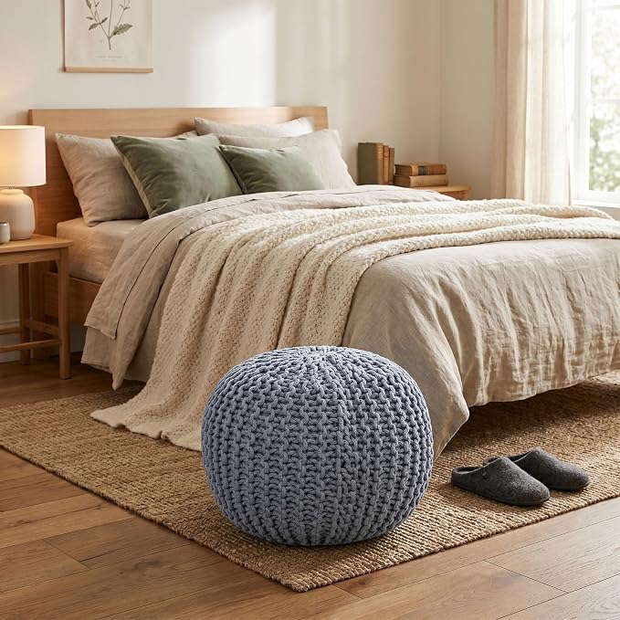 BIRDROCK HOME Round Pouf Ottoman Foot Rest - 18.5”x18.5”x15” Boho Compact Comfortable Soft Cotton Braided Foot Stool with Bean Bag Filling for Living Room, Bedroom, or Nursery (Soft Blue)