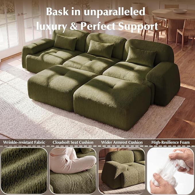 118'' Modular Sectional Cloud Couch Boneless Couches, Oversize Curved Sectional Couches for Living Room, Deep Seat Couch Lambswool Sofa with Ottoman & Throw Pillows, No Assembly, HR Foam
